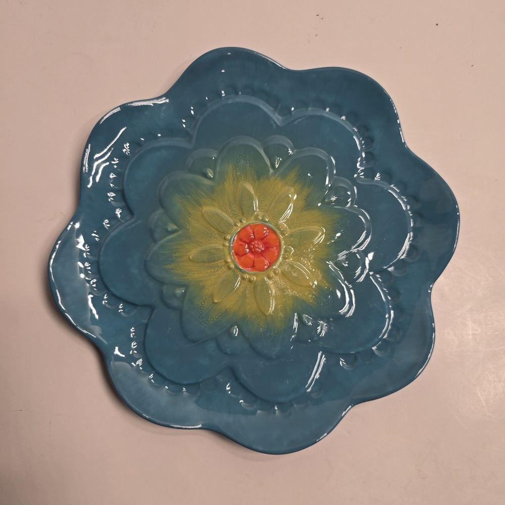 Grasslands Road Floral Flower Shaped Plate Colorful‎ Teal Yellow Orange 8.5 In